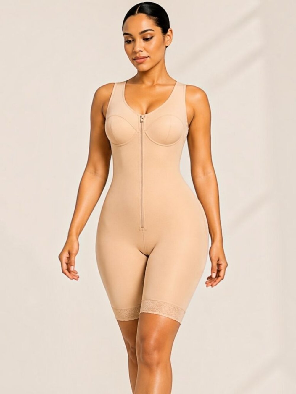 Full Body Front Zip Shapewear Bodysuit Built-In Bra Tummy Control Butt Lift Nude